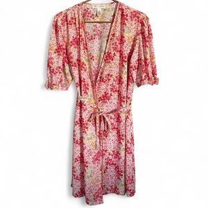 OSCAR DE LA RENTA Strap Floral Wrap Robe Ruched Poof Florette Half Sleeve Dress